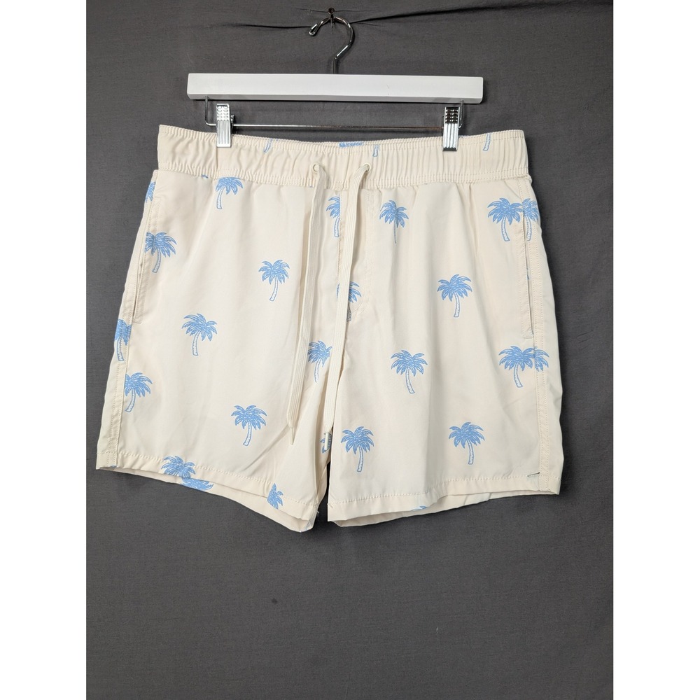 Malibu Drill Clothing Co Mens Palm Tree Swim Trunks Beige Blue Large